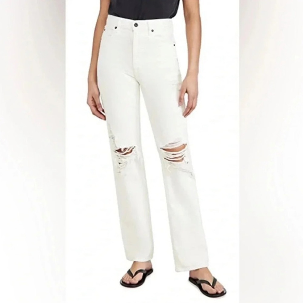 SLVRLAKE London Straight Distressed Jeans in White Destructed Size 27